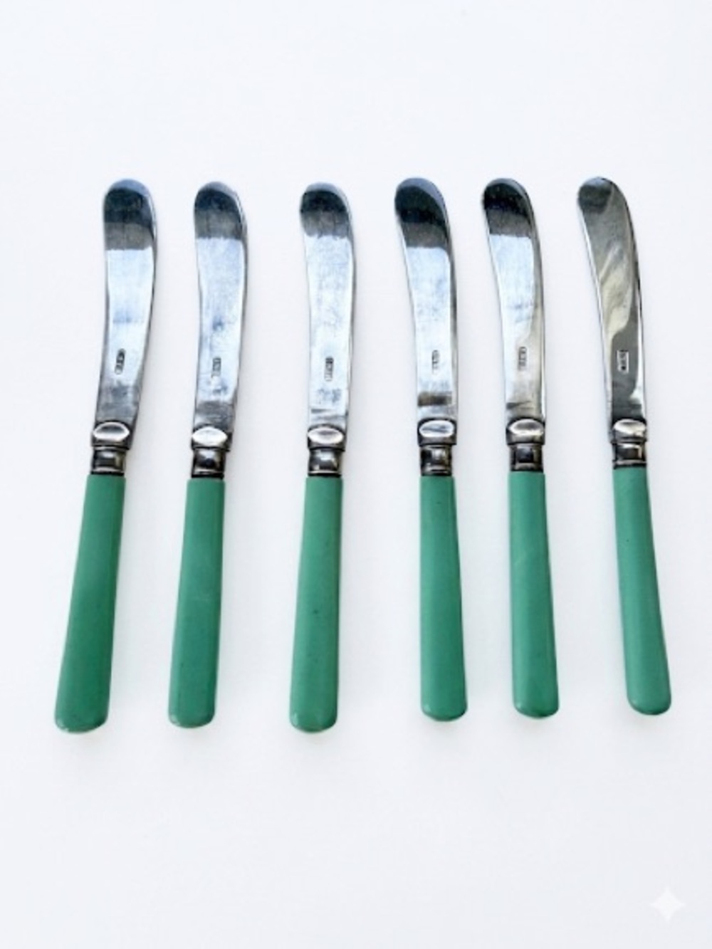 Set of Six Vintage EPNS Silver Plate Butter Spreaders Turquoise Handles